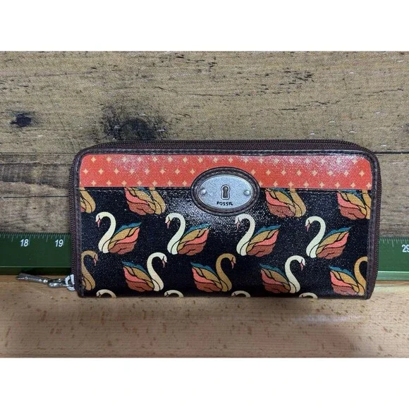 NEW Authentic Fossil Key-Per Brown/Orange Swan Print Card Wallet Fall Colors - Picture 3 of 16